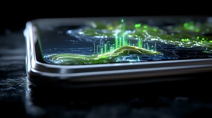 Aufkleber - glowing green circuit paths emerge from smartphone surface creating futuristic cityscape silhouette,