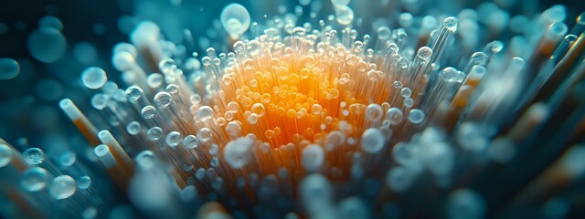 Poster - Microscopic view of glowing orange virus cell surrounded by translucent spikes against dark teal background, scientific medical research visualization.