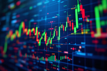 Poster - Financial market candlestick chart with stock data on a dark background.