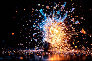 Poster - Shattered glowing lightbulb explosion with abstract glass fragments on dark background.