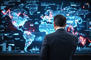 Poster - Businessman analyzing financial market trends on digital world map.