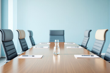 Poster - Modern business conference room with a wooden table and leather chairs.