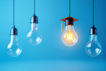 Poster - Illuminated light bulb with graduation cap among unlit bulbs on blue background.