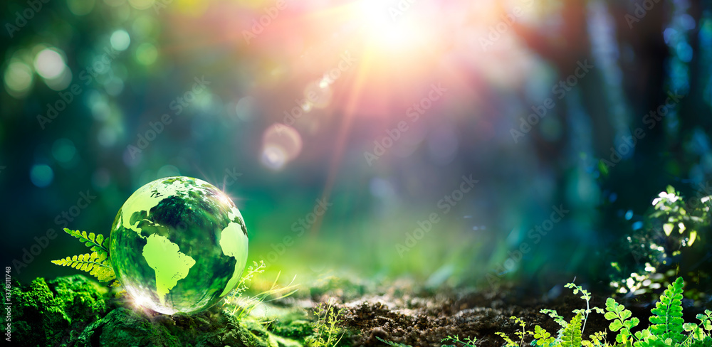 Earth Day - Glass Globe In Green Forest On Moss And Fern - Environment ...