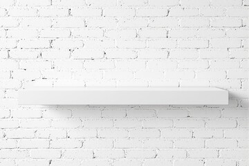 Poster - Minimalist white floating shelf on textured white brick wall background.