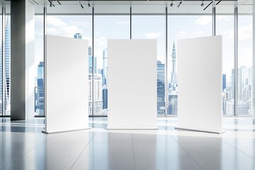 Aufkleber - Blank roll-up banners in modern office with city skyline view.
