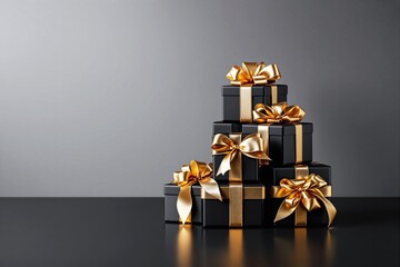 Poster - Elegant black gift boxes with golden ribbons on dark surface.