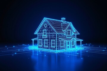 Fototapete - Futuristic digital house concept with glowing blue wireframe on dark background.
