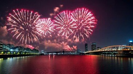 Aufkleber - A city skyline is lit up with fireworks. The fireworks are in the sky and the water is reflecting the lights