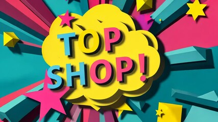 Leinwandbilder - A colorful sign that says Top Shop! In a fun, cartoonish font. The sign is surrounded by a cloud and has a rainbow background