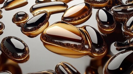 Poster - A close-up view of glossy, dark liquid droplets, showcasing a smooth, reflective texture on a surface.