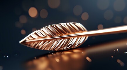 Poster - Metallic rose gold feather floating above dark surface with water drops and bokeh lights in background, luxury minimal jewelry concept photography.