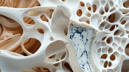 Poster - An abstract composition featuring intricate white forms intertwined with natural wood textures, showcasing a blend of modern design and organic elements.