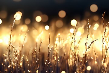 Poster - Dreamy golden grass silhouettes against blurred bokeh lights at sunset create magical atmospheric nature scene with warm glowing highlights and soft focus depth.