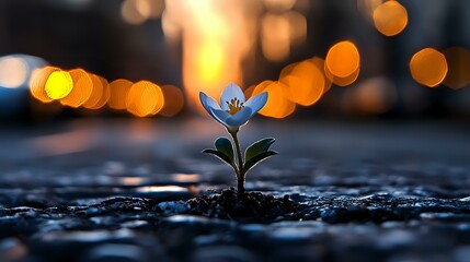 Poster - Delicate blue wildflower growing through dark stones at sunset with golden bokeh lights creating magical atmosphere. Nature resilience concept.
