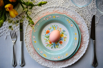 Poster - Beautifully set table with pastel floral plate and pink Easter egg in a springtime dining arrangement