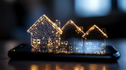 Poster - Glowing miniature houses with sparkles on smartphone screen creating magical holiday atmosphere, blurred dark background with bokeh lights and reflections.