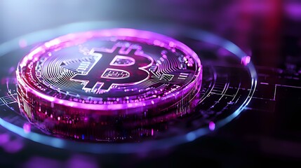 Poster - Glowing cryptocurrency coin with purple and blue neon lighting effects on dark background showcases digital currency technology and financial innovation.