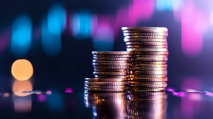 Poster - Stacked silver coins against blurred pink and blue bokeh background showing financial growth concept with dramatic lighting and reflective surface.