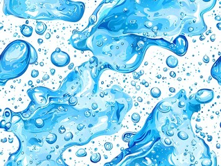 Poster - Seamless aqua pattern with dynamic water splashes, flowing liquid shapes and scattered droplets in bright blue tones on white background. Repeatable design.