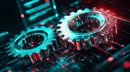 Poster - Two metallic gears mesh together, illuminated with neon blue and red lights in an advanced tech environment