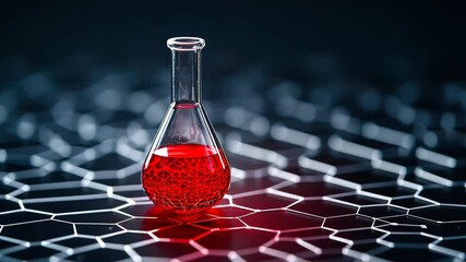 a flask filled with red liquid, with a digital molecular pattern glowing in the background.