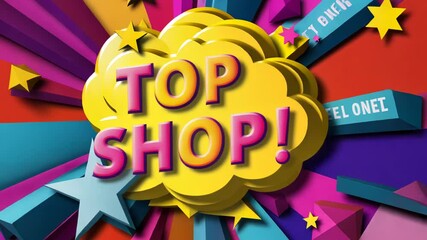 Leinwandbilder - A colorful sign that says Top Shop! in a fun, cartoonish font. The sign is surrounded by a cloud and has a rainbow background