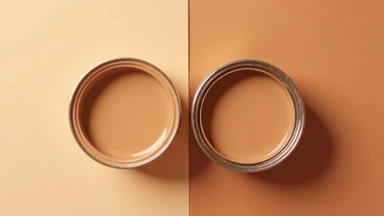 Poster - Two circular containers filled with creamy brown liquid rest on a warm beige surface. The soft light highlights the smooth textures inviting exploration of culinary creativity.