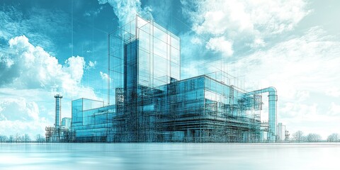 Poster - Modern industrial complex under construction with a clear blue sky and clouds
