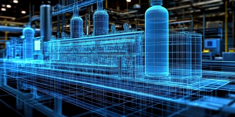 Poster - 3D illustration of industrial plant equipment with detailed wireframe model in a production facility environment