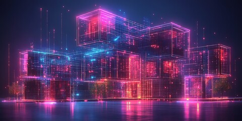 Poster - Digital cityscape with neon lights and futuristic architecture at night showcasing vibrant colors and intricate modern design