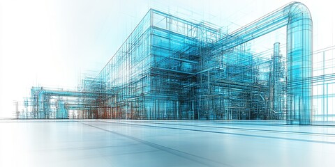 Poster - Industrial facility design with blueprints illustrating complex structures and piping layouts