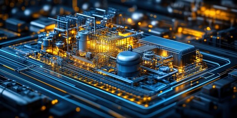 Poster - Industrial complex with bright lights and intricate machinery showcasing advanced technology at night in a modern urban setting