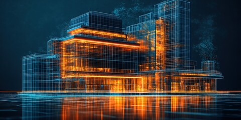 Poster - Futuristic urban architecture illuminated with vibrant neon lines creating a digital skyline scene