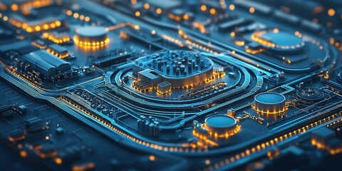 Poster - Highly detailed aerial view of an industrial complex illuminated at night showcasing tanks and pipelines