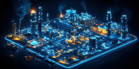 Poster - Industrial complex illuminated at night with glowing structures and steam rising in an expansive layout