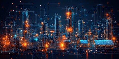 Poster - Digital skyline at night showcasing futuristic urban landscape with glowing lights and interconnected structures