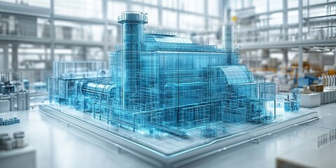 Poster - Complex industrial facility model showcasing detailed design and layout in a modern engineering environment