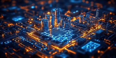 Poster - High-tech urban landscape illuminated with blue and orange lights at night showcasing advanced infrastructure and smart technology