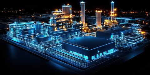 Poster - Industrial facility at night with glowing blue lights showcasing advanced technology and robust structures
