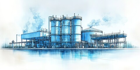 Poster - Industrial facility with large storage silos and production units near a body of water, illustrating advanced manufacturing processes and technology