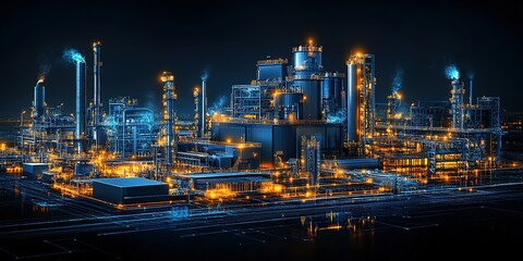 Poster - Industrial complex at night illuminated by glowing lights and steam in a futuristic landscape