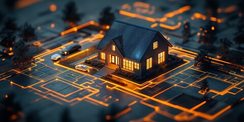 Poster - Modern house illuminated by glowing circuitry on a digital landscape at night