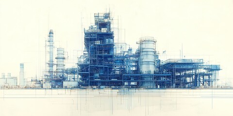 Poster - Industrial facility with complex structure and infrastructure situated on a clear day near the coast
