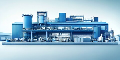 Poster - Modern industrial facility with advanced machinery in a blue color palette located in an urban area