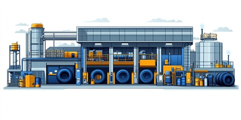 Poster - Detailed industrial facility with large machinery and storage units showcasing manufacturing processes during daylight