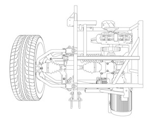 Poster - A drawing of a car engine with a tire in the front. The drawing is in black and white