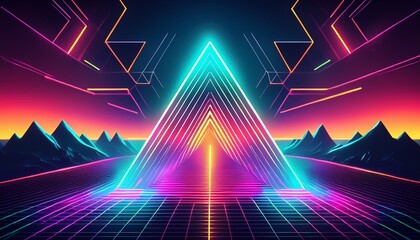 Wall Mural - neon abstract geometric background featuring triangles and a minimalist futuristic landscape