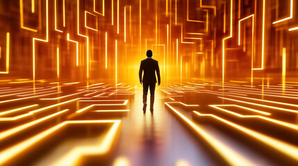 Fototapete - Man walking towards bright glowing digital pathway. Futuristic setting with warm orange and yellow lights creating a tech-inspired atmosphere