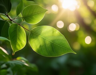 Wall Mural - a serene close up of lush green leaves illuminated by soft light creating a tranquil atmosphere